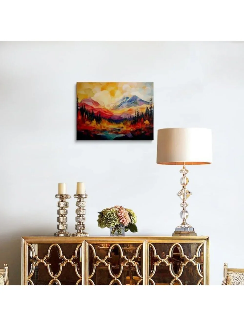 Abstract Mountain Sunset Canvas Art - Framed Geometric Peaks & River Decor 16x24